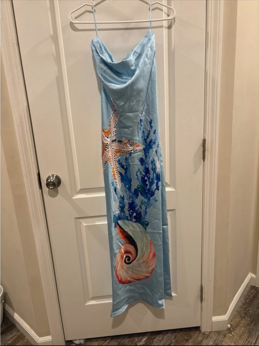 Anthropologie Light Blue Silk-Feel Slip Dress with Seashell & Starfish Motif